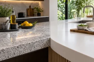 ท็อปครัวหินควอตซ์เทียบกับ Solid Surface สีขาว